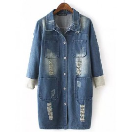 Street Style Four Pockets Longline Denim Jacket with Ripped Size:M-L