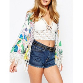 Brighten Flower Print Kimono in Tassel Size:S-L