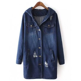 Casual Distressed Detail Longline Denim Jacket with Hood Size:M-L