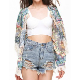 Vintage Printing Multicolored Kimono in Tassel Size:S-L