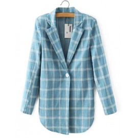 Boyfriend Checked Printed Curve Hem Denim Blazer with Lapel Collar