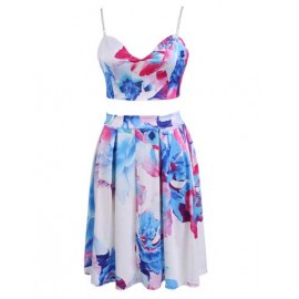 Charming Floral Spaghetti Crop Top and Pleat Skirt