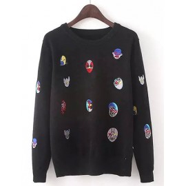 Lovely Cartoon Face Embroidery Sweater in Round Neck