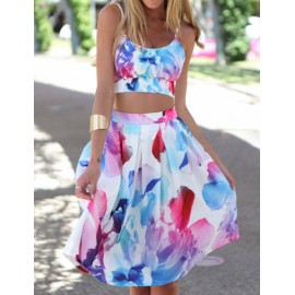 Floral Print Cropped Tank Top and Flare Skirt