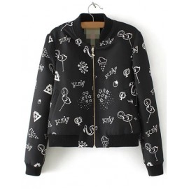 Cute Scrawl Printed Bomber Jacket with Zip Front Fastening Size:S-L