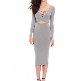 Hot Long Sleeve Lace Up V-Neck Top and Pencil Skirt