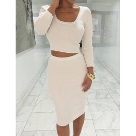 Fancy Knit Slinky Long Sleeve Crop Top and Pencil Skirt