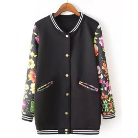Boyfriend Style Longline Baseball Jacket with Floral Sleeve Size:S-L