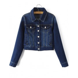 Classic Point Collar Denim Cropped Jacket with Button Closure Size:S-L