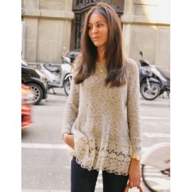 Lady Fashion Women Long Sleeve O Neck Lace Patchwork Casual Knitwear Pullover Sweater Top