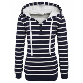 Angvns Ladies Women Casual Hooded Long Sleeve Striped Pullover Hoodies With Fleece