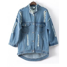 Distressed Longline Denim Jacket with Number Printed Back Size:S-L