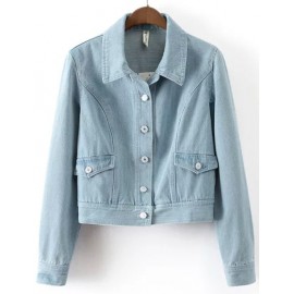 Basic Bleached Denim Cropped Jacket with Point Collar Size:S-L