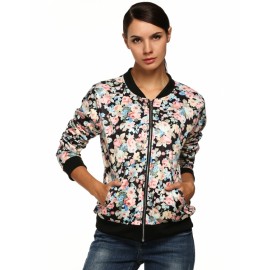 Ladies Women Casual Long Sleeve V-Neck Floral Zipper Closure Slim Outwear Coat Jacket 