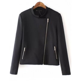 Concise Asymmetric Zip Cropped Jacket with Slanted Pockets Size:S-L