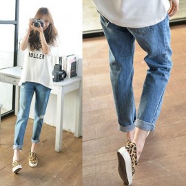 Fashion Women Casual Loose Hole Ripped Boyfriend Jeans Solid Denim Pants