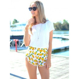 Summer Fashion Casual Slimming Women Elastic Waist Pineapple Print Fringe Beach Hot Shorts