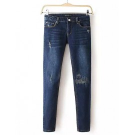 Unique Elastic Waist Button Trim Denim Pants Size:S-XL