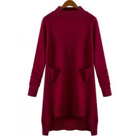 Simple Asymmetric Hem Mock Collar Sweater in Solid Color Size:S-XL