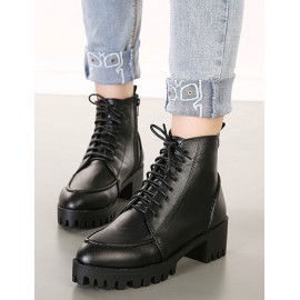Faddish Chunky Heel Lace-Up Boots in Black Size:35-39