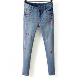 Voguish Embroidery High-waisted Ripped Skinny Jeans