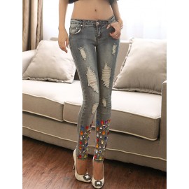 Fancy Rhinestone Trim Distressed Skinny Jeans