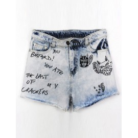 Korean Embroidered Cat Frayed Edge Worn-Out Denim Shorts