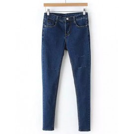 Street Split Trim Single-Button Skinny Jeans in Blue Size:S-L